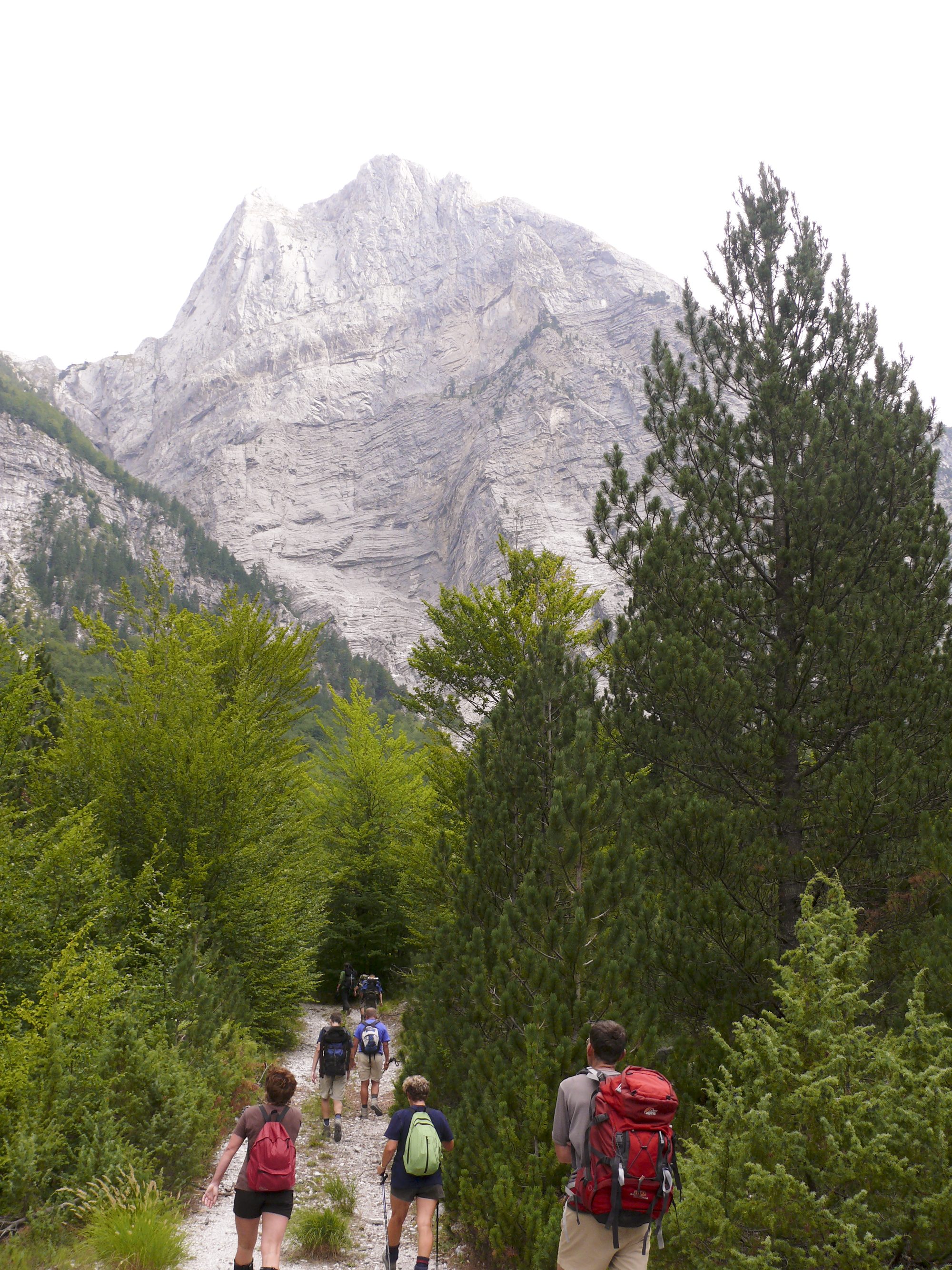 Sharp limestone peaks of the Accursed Mountains rising above the Theth valley in northern Albania.